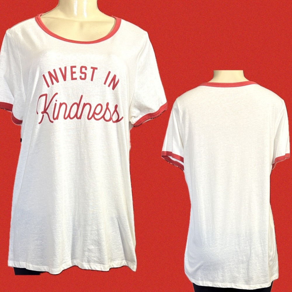 Torrid Invest In Kindness Graphic Ringer Tee Cream Red Accent Short Sleeve L